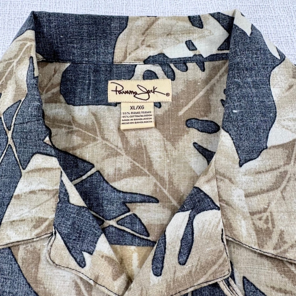 Panama Jack Men XL Reverse Print Camp Collar Shirt Black Tropical Ramie Cotton